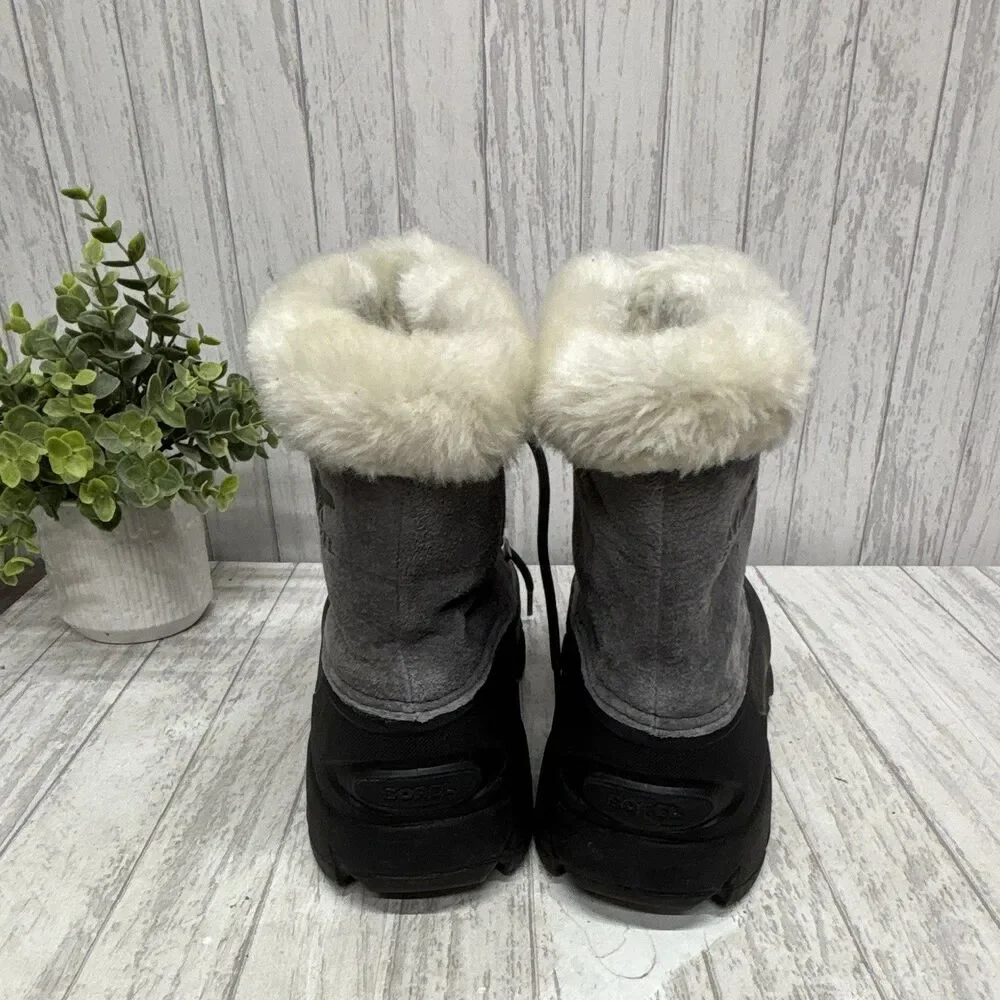 SOREL Womens Size 8 Gray/Black Faux Fur Lined Lace-Up Suede Snow Boots